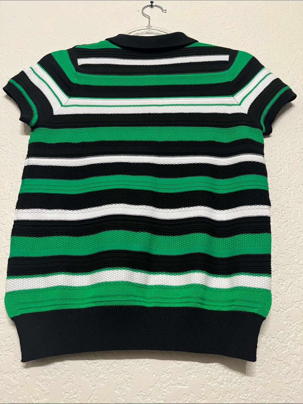Love By Design Women’s Size Medium Knitted Green, Black & White Striped Polo Top - Picture 9 of 9